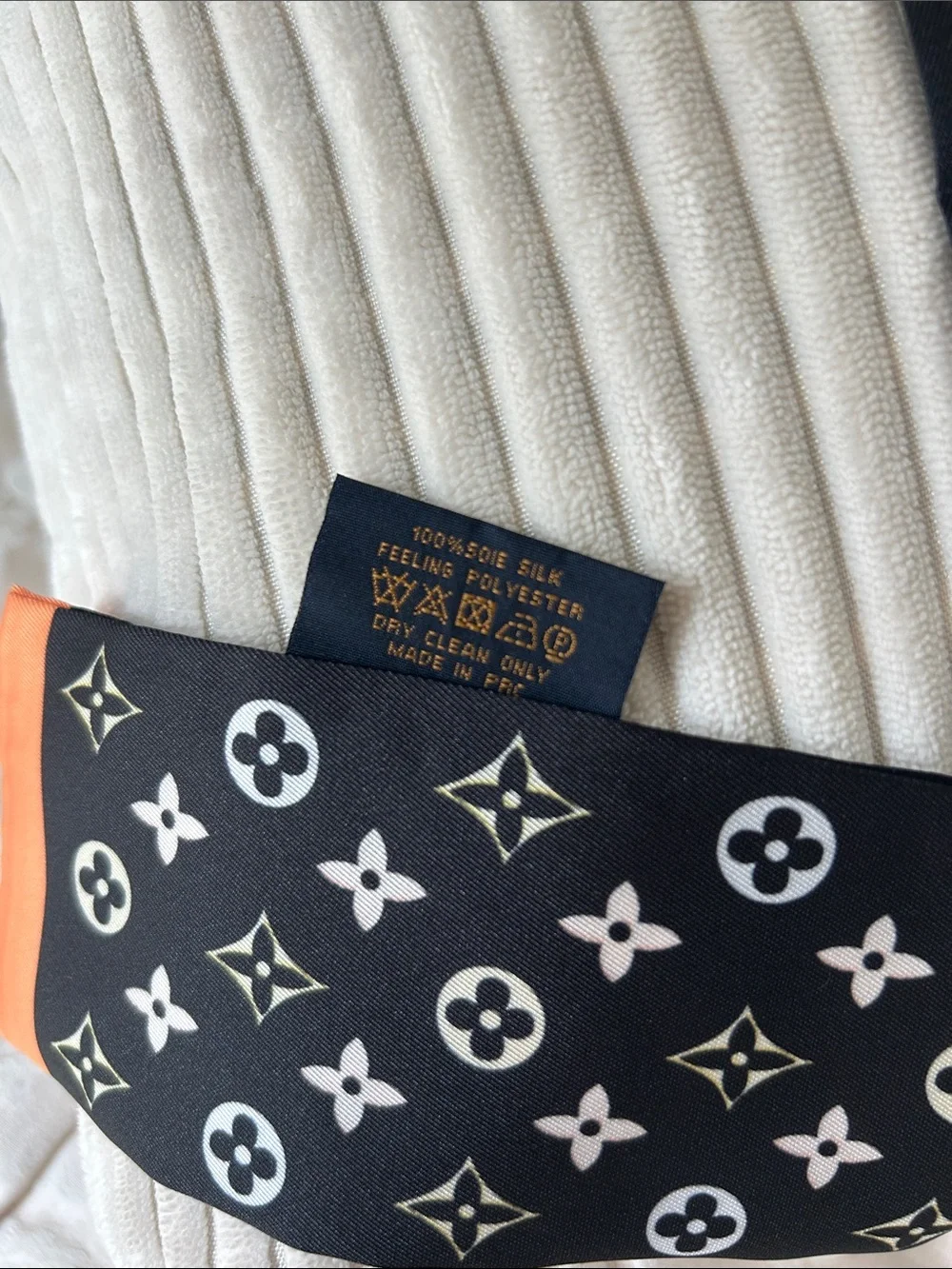 Black Silk Feeling Polyester Double Sided Scarf or Twilly with Monogram Motif.